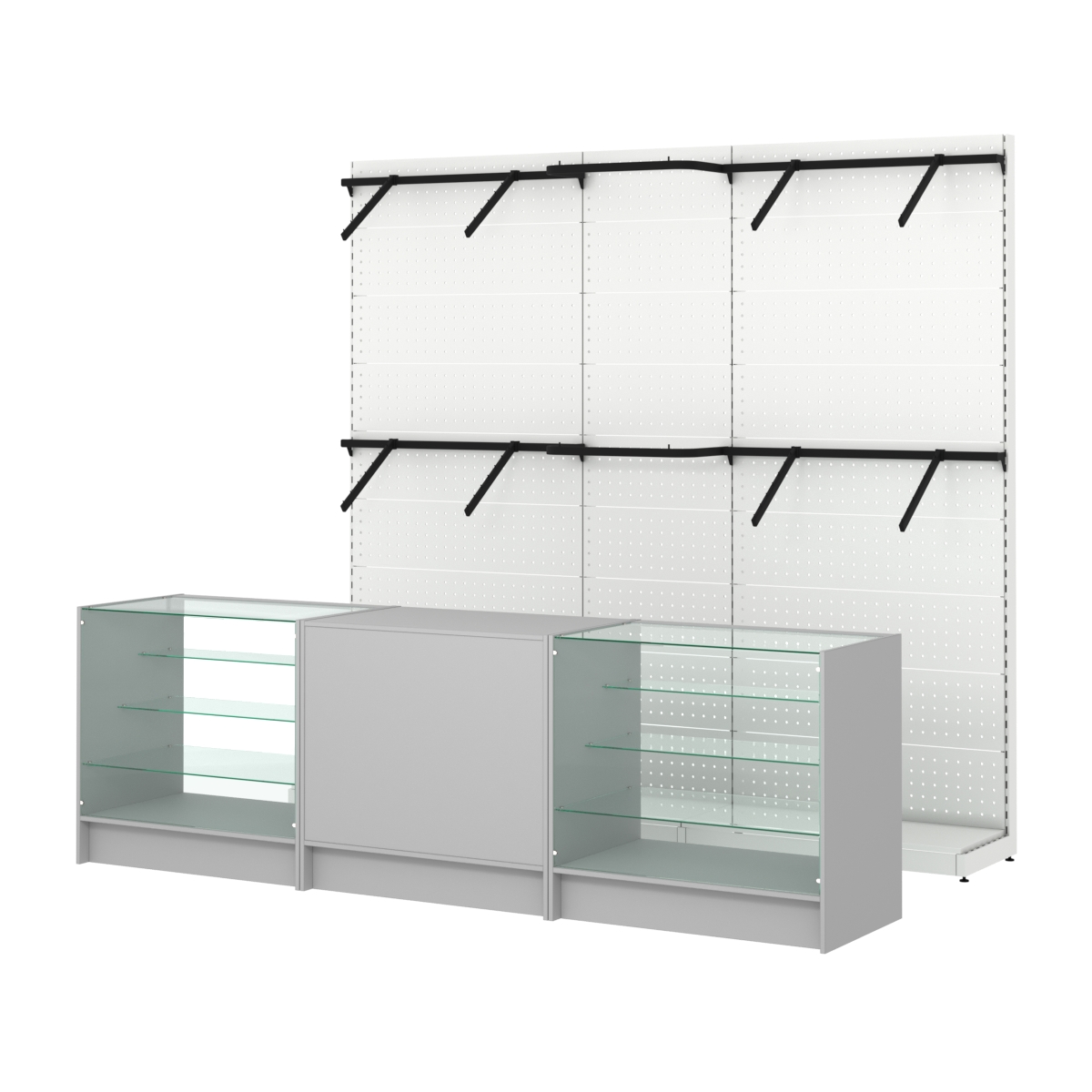 Комплект стеллажей с поручнями П-П и прилавков ЭК-4 для торговли одеждой №15 Серый