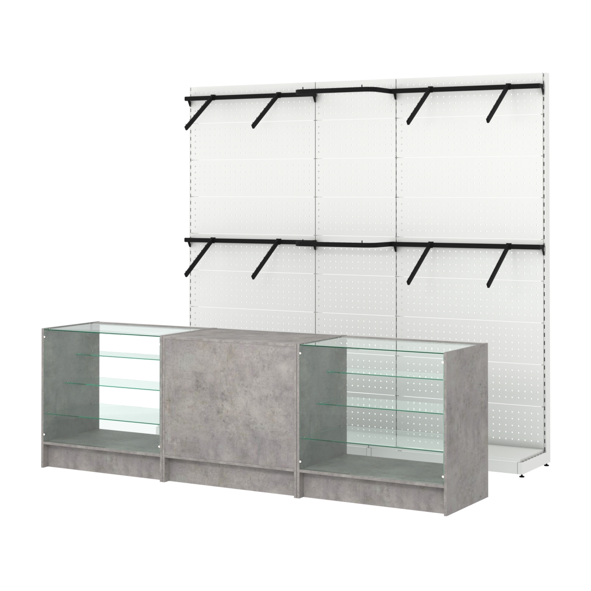 Комплект стеллажей с поручнями П-П и прилавков ЭК-4 для торговли одеждой №15 Бетон Чикаго светло-серый F186 ST9