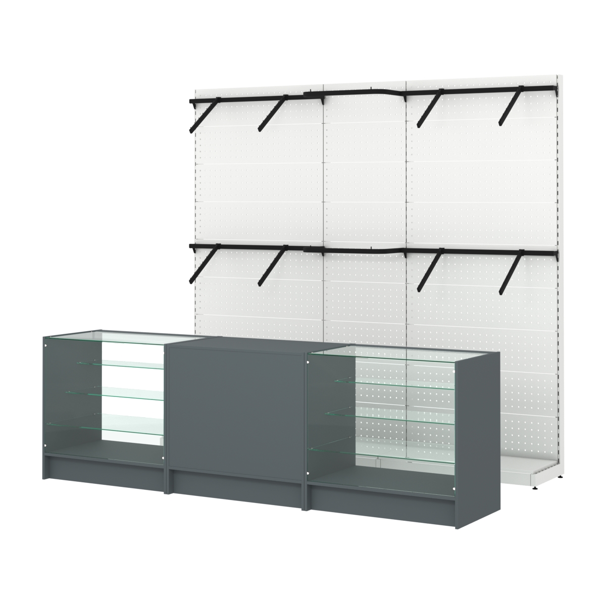 Комплект стеллажей с поручнями П-П и прилавков ЭК-4 для торговли одеждой №15 Темно-Серый