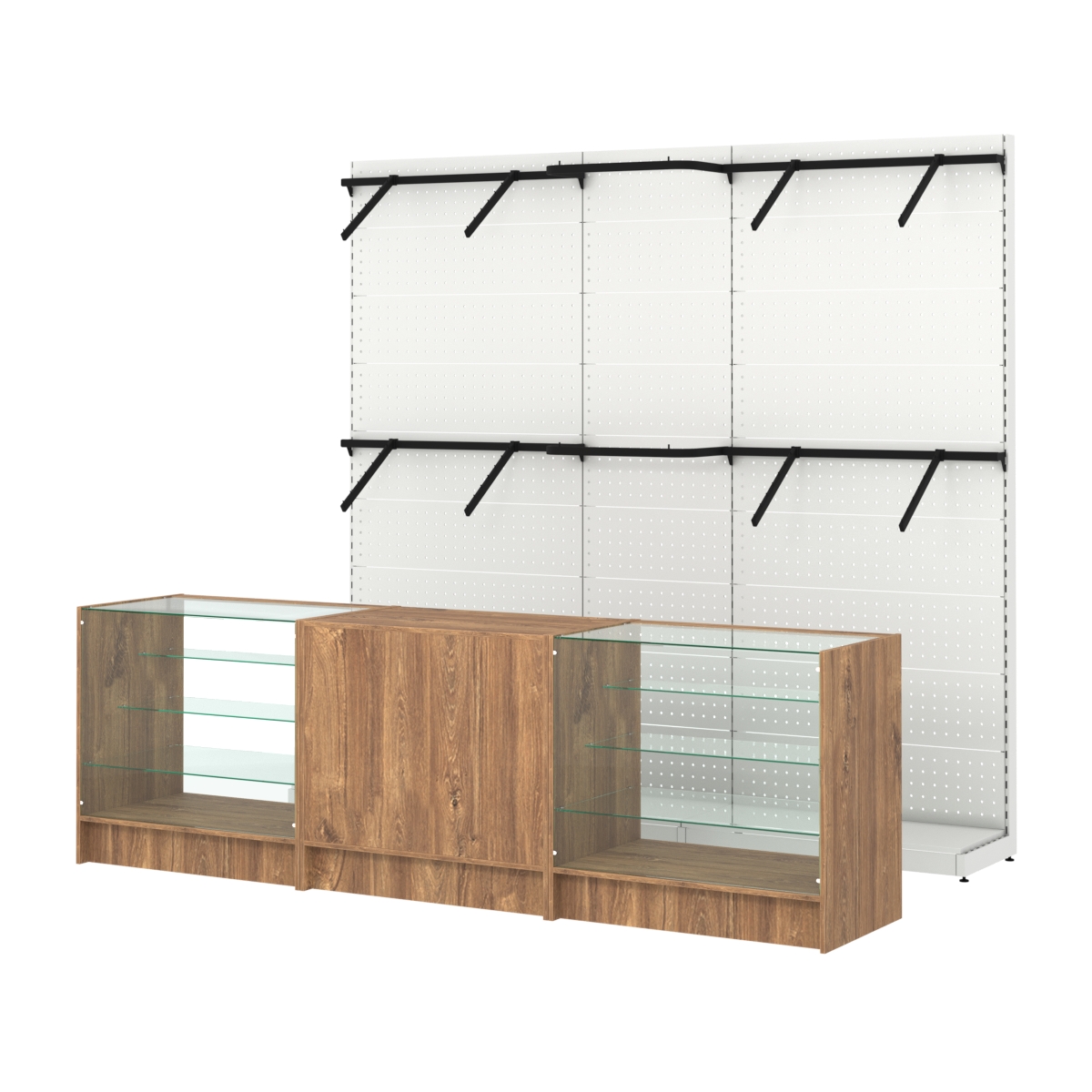 Комплект стеллажей с поручнями П-П и прилавков ЭК-4 для торговли одеждой №15 Дуб Канзас коричневый