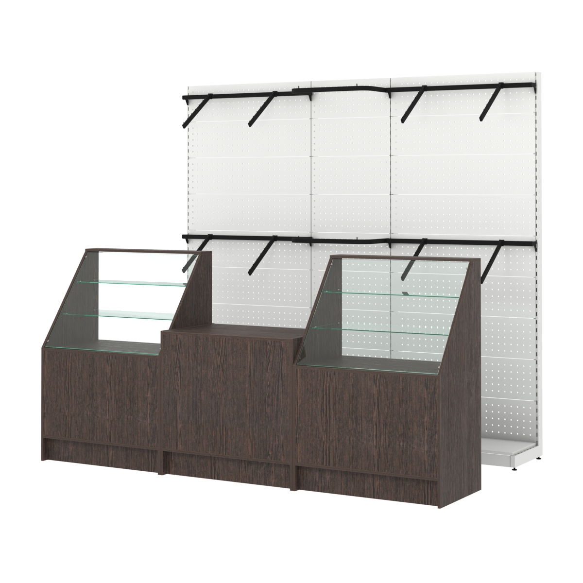 Комплект стеллажей с поручнями П-П и прилавков ЭК-7 для торговли одеждой №16 Дуб Венге