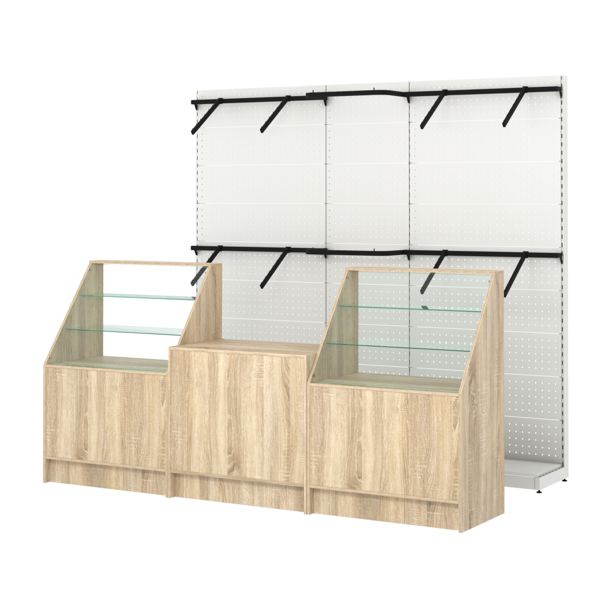 Комплект стеллажей с поручнями П-П и прилавков ЭК-7 для торговли одеждой №16 Дуб сонома