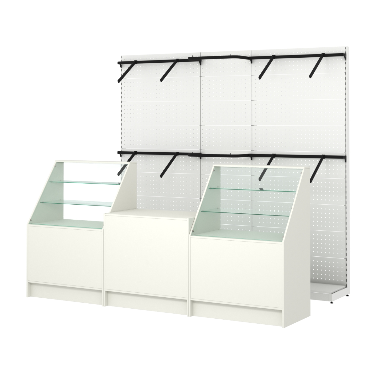 Комплект стеллажей с поручнями П-П и прилавков ЭК-7 для торговли одеждой №16 Белый