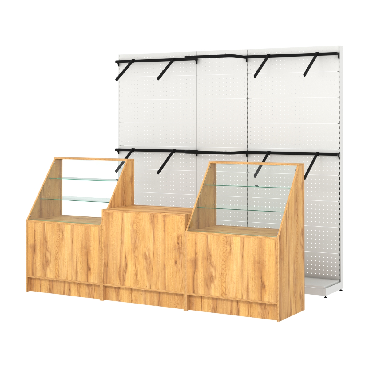 Комплект стеллажей с поручнями П-П и прилавков ЭК-7 для торговли одеждой №16 Дуб Золотистый