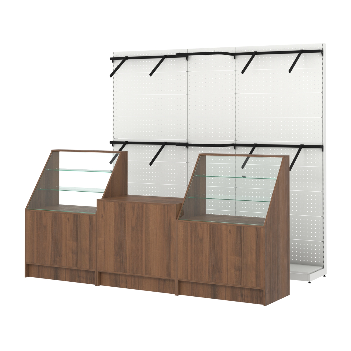 Комплект стеллажей с поручнями П-П и прилавков ЭК-7 для торговли одеждой №16 Орех