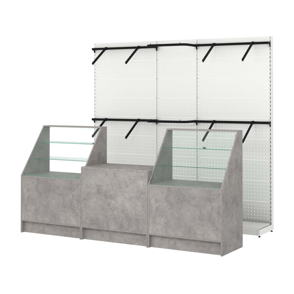 Комплект стеллажей с поручнями П-П и прилавков ЭК-7 для торговли одеждой №16 Бетон Чикаго светло-серый F186 ST9