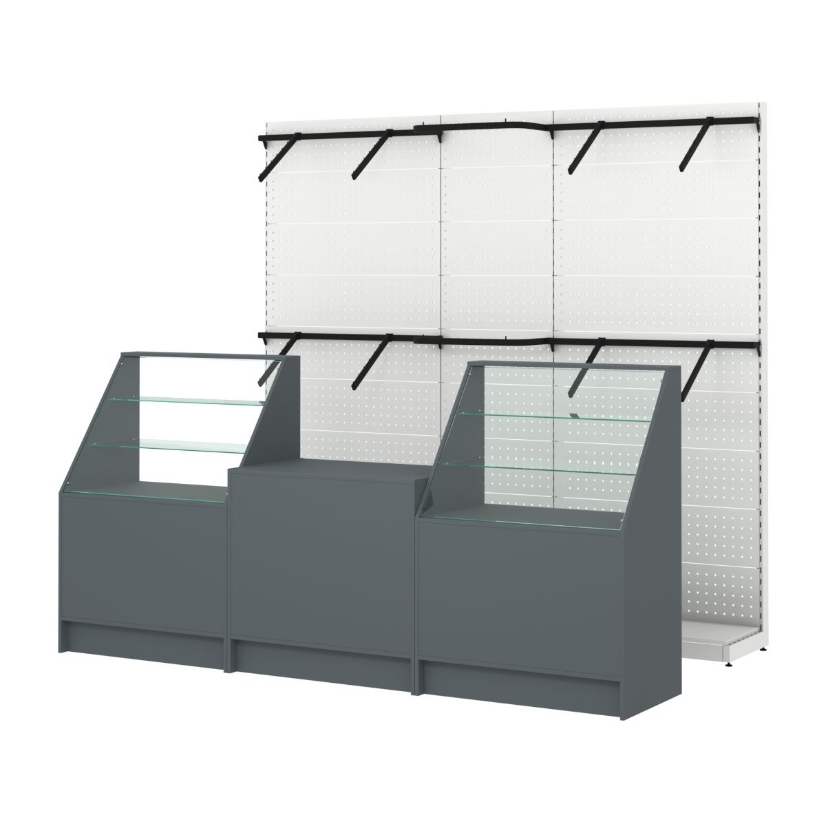 Комплект стеллажей с поручнями П-П и прилавков ЭК-7 для торговли одеждой №16 Темно-Серый