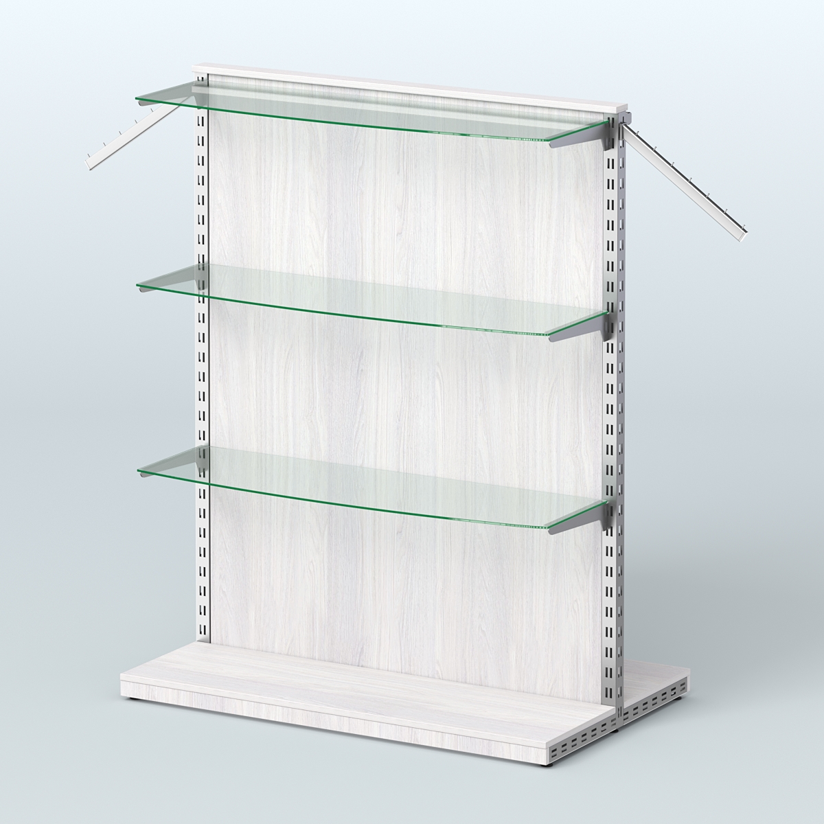 Система ЭЛЕГАНТ островная с ДСП, поручнем под кронштейны и полками из стекла №12 Ясень Анкор светлый