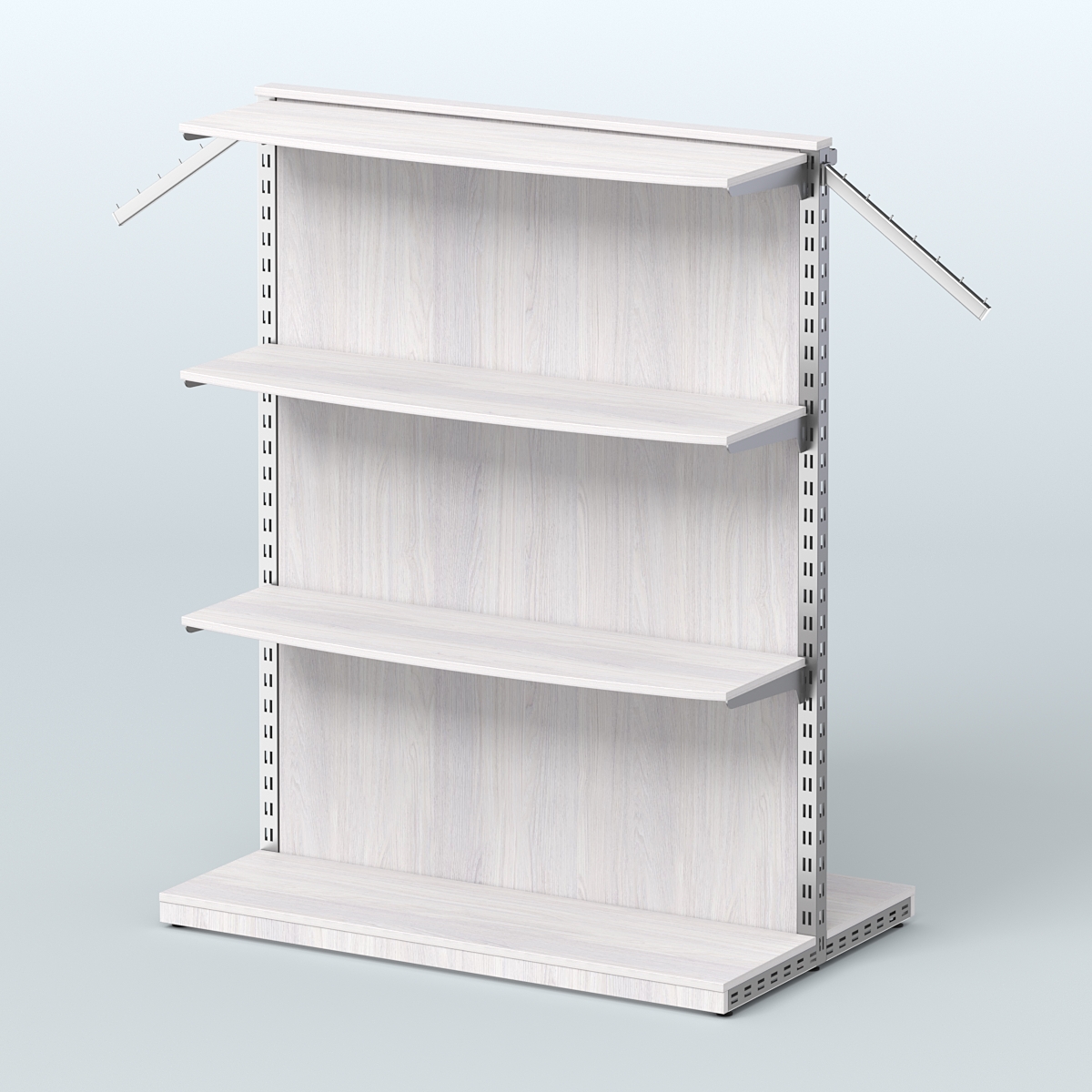 Система ЭЛЕГАНТ островная с задней стенкой, тремя закругленными полками ДСП и поручнем №13 Ясень Анкор светлый