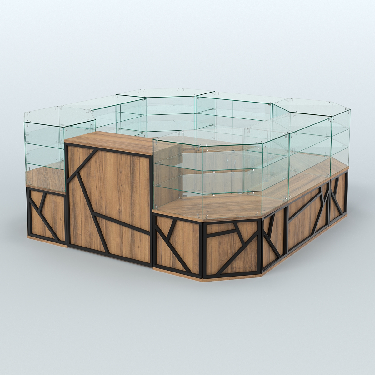 Торговый стеклянный островок серии ЛОФТ - АЛЬФА (СОНОМА + ЧЁРНЫЙ) №2 Орех