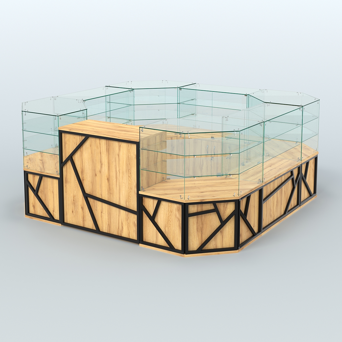 Торговый стеклянный островок серии ЛОФТ - АЛЬФА (СОНОМА + ЧЁРНЫЙ) №2 Дуб Золотистый