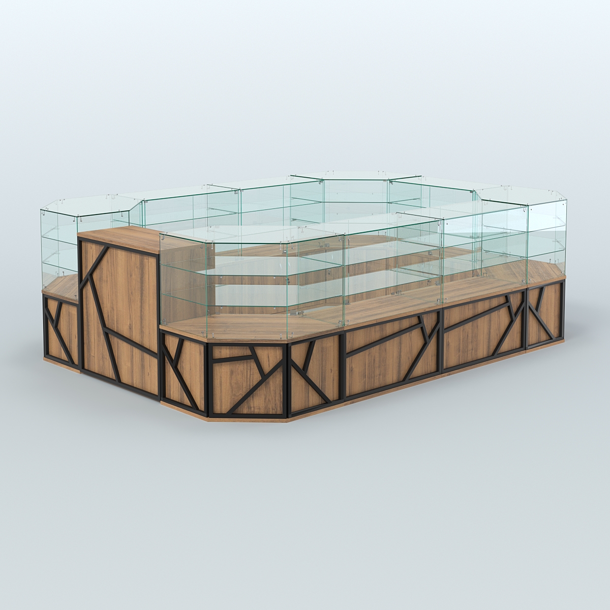 Торговый широкий островок серии ЛОФТ - АЛЬФА (СОНОМА + ЧЁРНЫЙ) №3 Орех