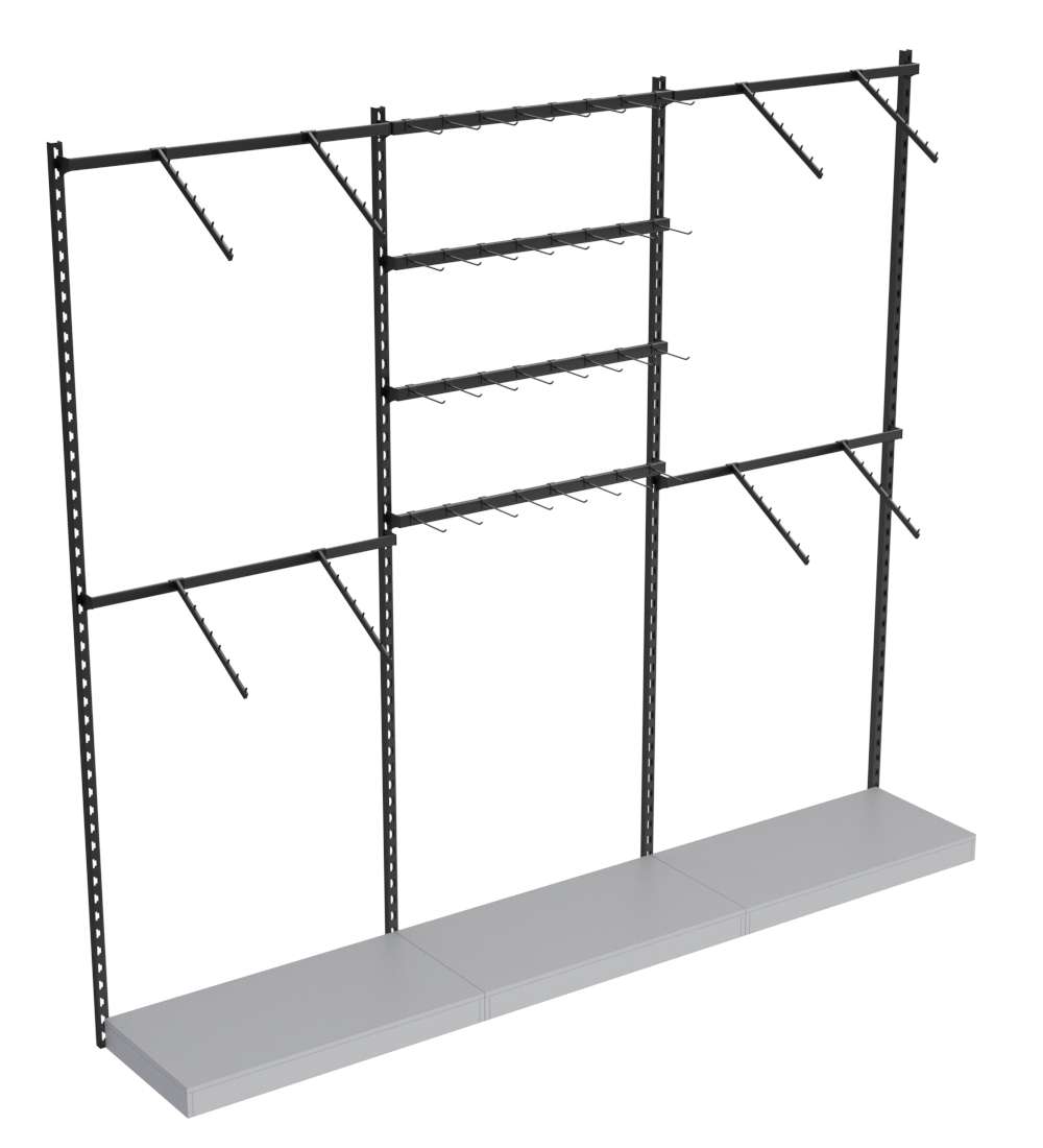 Настенная система с подиумами поручнями для одежды и под крючки ЛОФТ №2-1 (2700мм) Серый