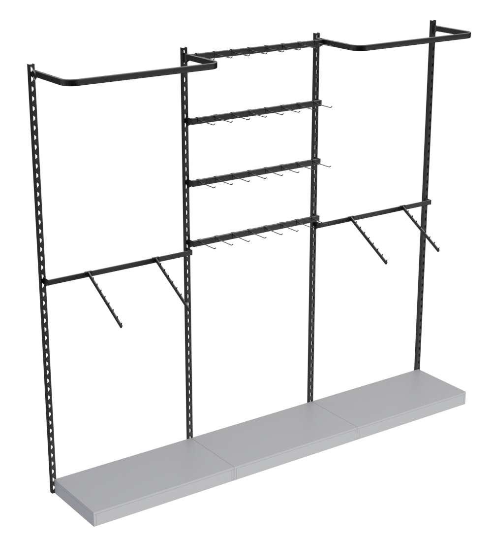Настенная система с подиумами комбо - поручнями для одежды и под крючки ЛОФТ №3-1 (2700мм) Серый