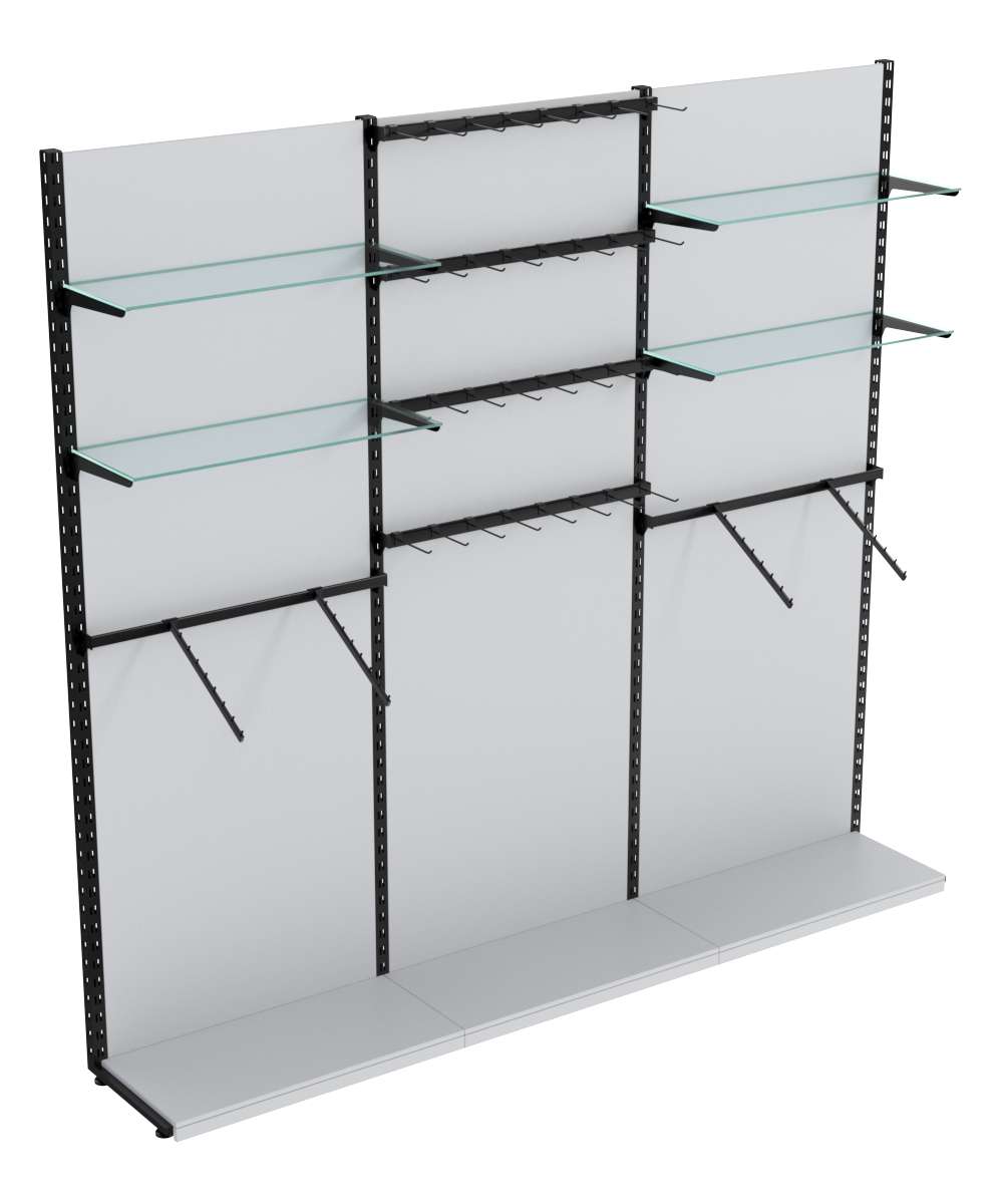 Пристенная система с кронштейнами и стекл полками для одежды и крючки ЛОФТ №4-1-ЗС 2700мм Серый