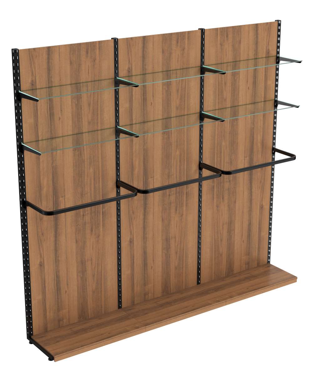 Пристенная система с П-поручнем и прозрачными полками для одежды ЛОФТ №7-ЗС 2700мм Орех