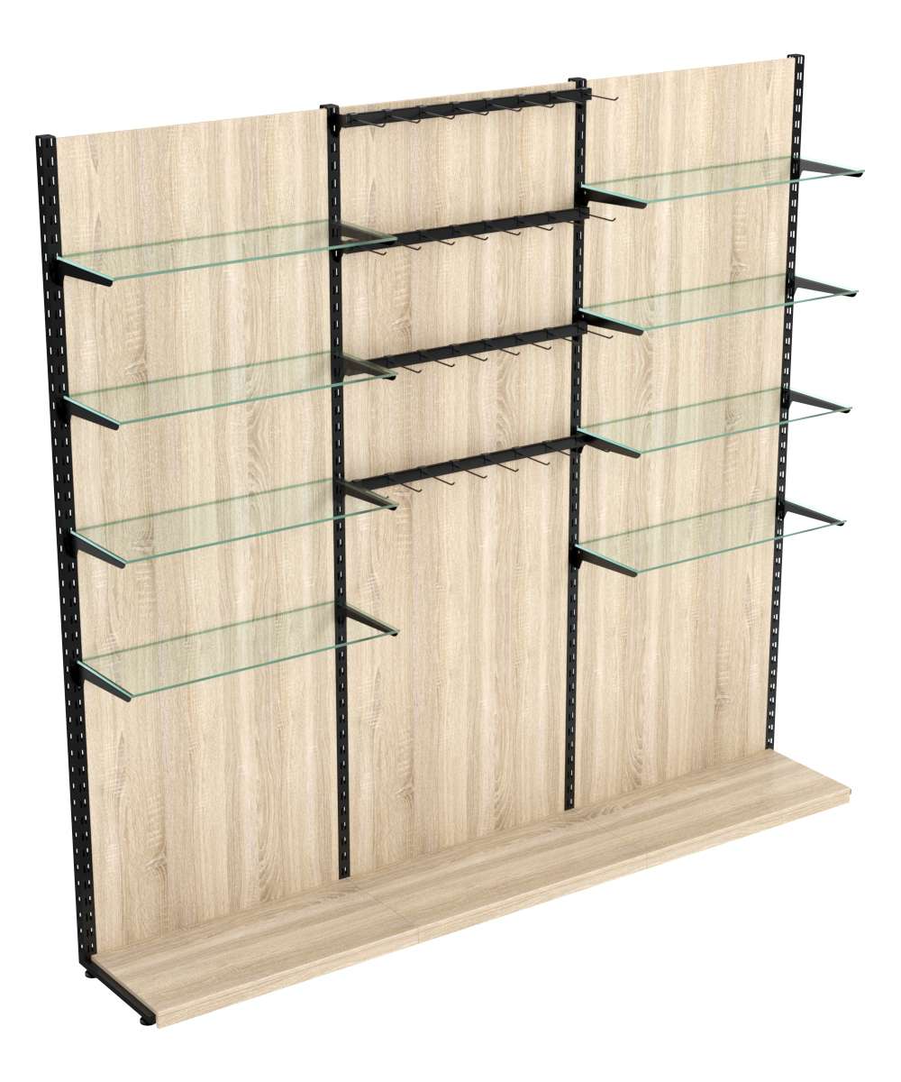 Пристенная система с 8-ю стекл полками для одежды и под крючки ЛОФТ №10-1-ЗС 2700мм Дуб сонома