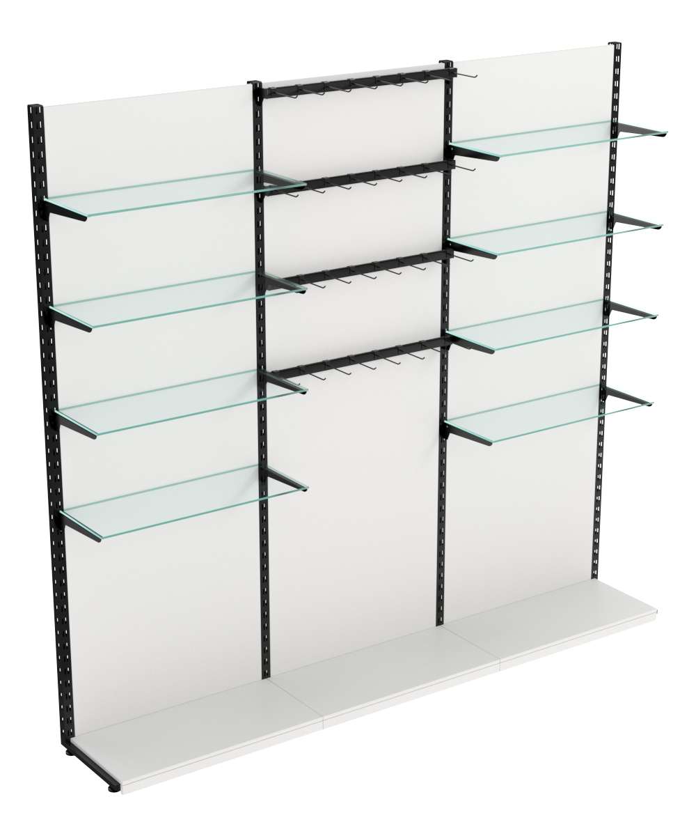 Пристенная система с 8-ю стекл полками для одежды и под крючки ЛОФТ №10-1-ЗС 2700мм Белый