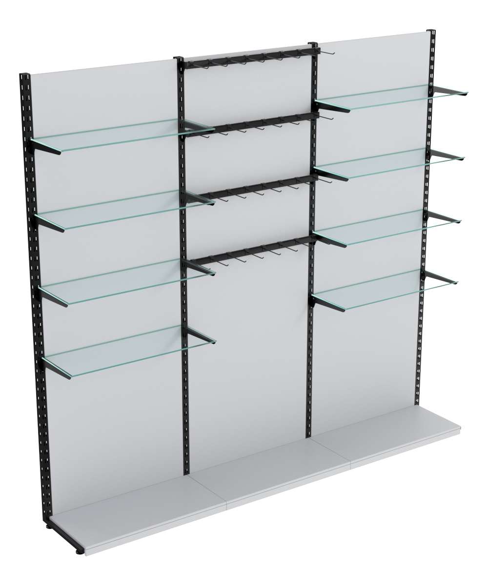 Пристенная система с 8-ю стекл полками для одежды и под крючки ЛОФТ №10-1-ЗС 2700мм Серый