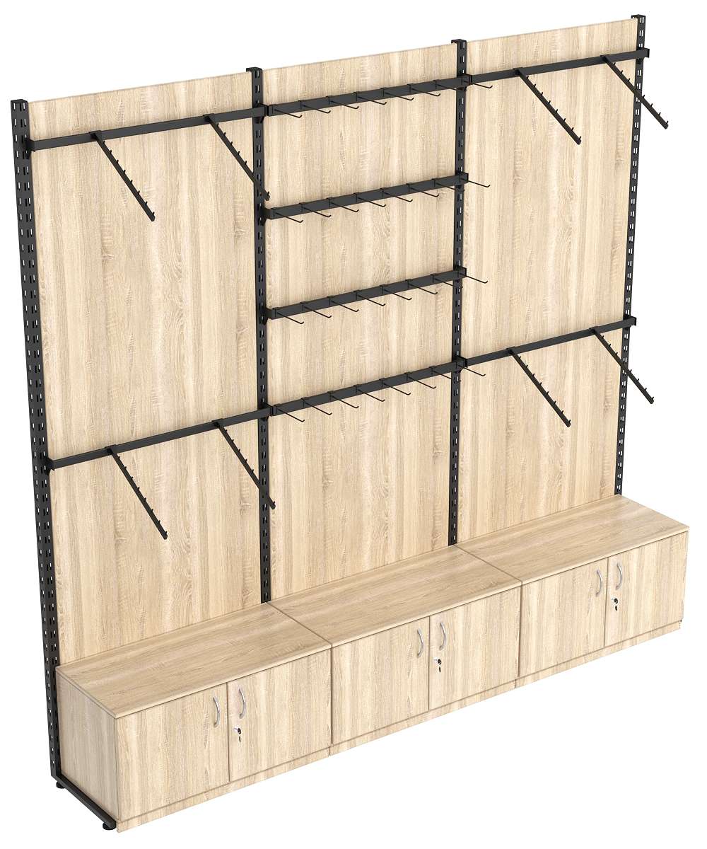 Пристенная система с пристенными поручнями для одежды и под крючки ЛОФТ №2-1-ЗС-Н 2700мм Дуб сонома