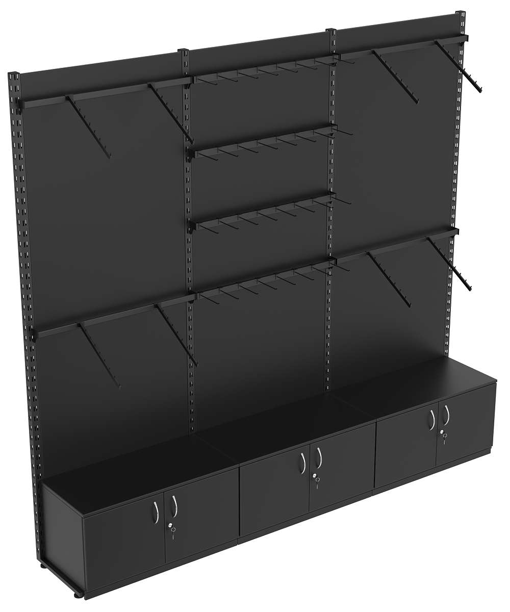 Пристенная система с пристенными поручнями для одежды и под крючки ЛОФТ №2-1-ЗС-Н 2700мм Черный