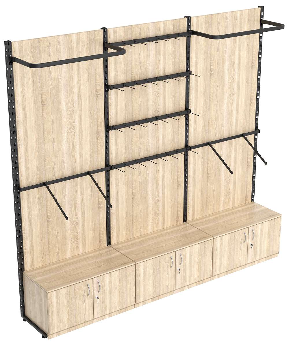 Пристенная система с комбо - поручнями для одежды и под крючки ЛОФТ №3-1-ЗС-Н 2700мм Дуб сонома