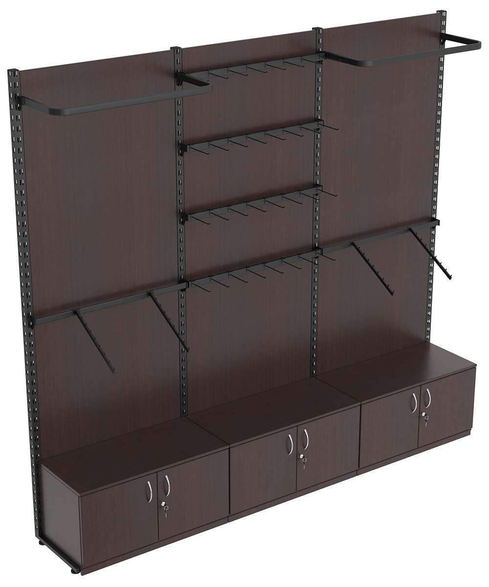 Пристенная система с комбо - поручнями для одежды и под крючки ЛОФТ №3-1-ЗС-Н 2700мм Дуб Венге