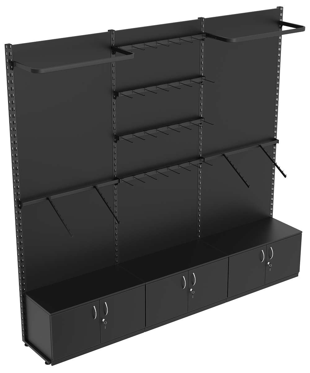 Пристенная система с комбо - поручнями для одежды и под крючки ЛОФТ №3-1-ЗС-Н 2700мм Черный