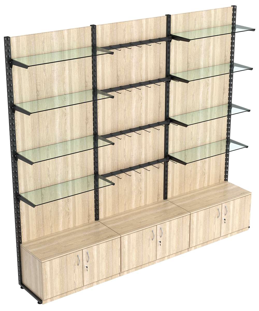 Пристенная система с 8-ю стекл полками для одежды и под крючки ЛОФТ №10-1-ЗС-H 2700мм Дуб сонома