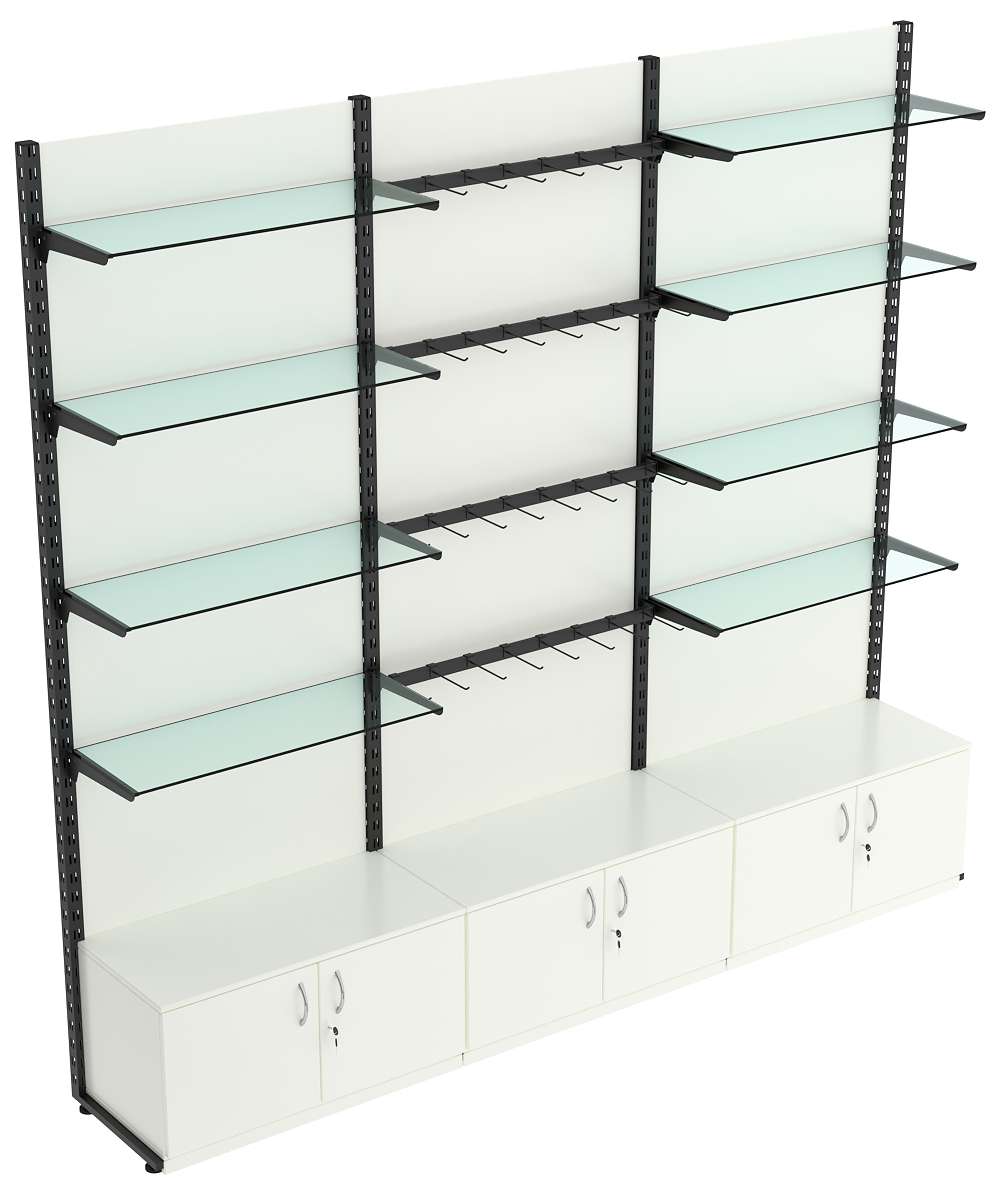 Пристенная система с 8-ю стекл полками для одежды и под крючки ЛОФТ №10-1-ЗС-H 2700мм Белый