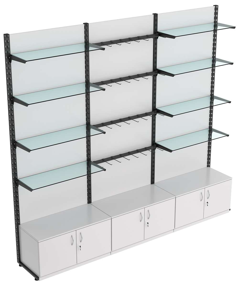 Пристенная система с 8-ю стекл полками для одежды и под крючки ЛОФТ №10-1-ЗС-H 2700мм Серый