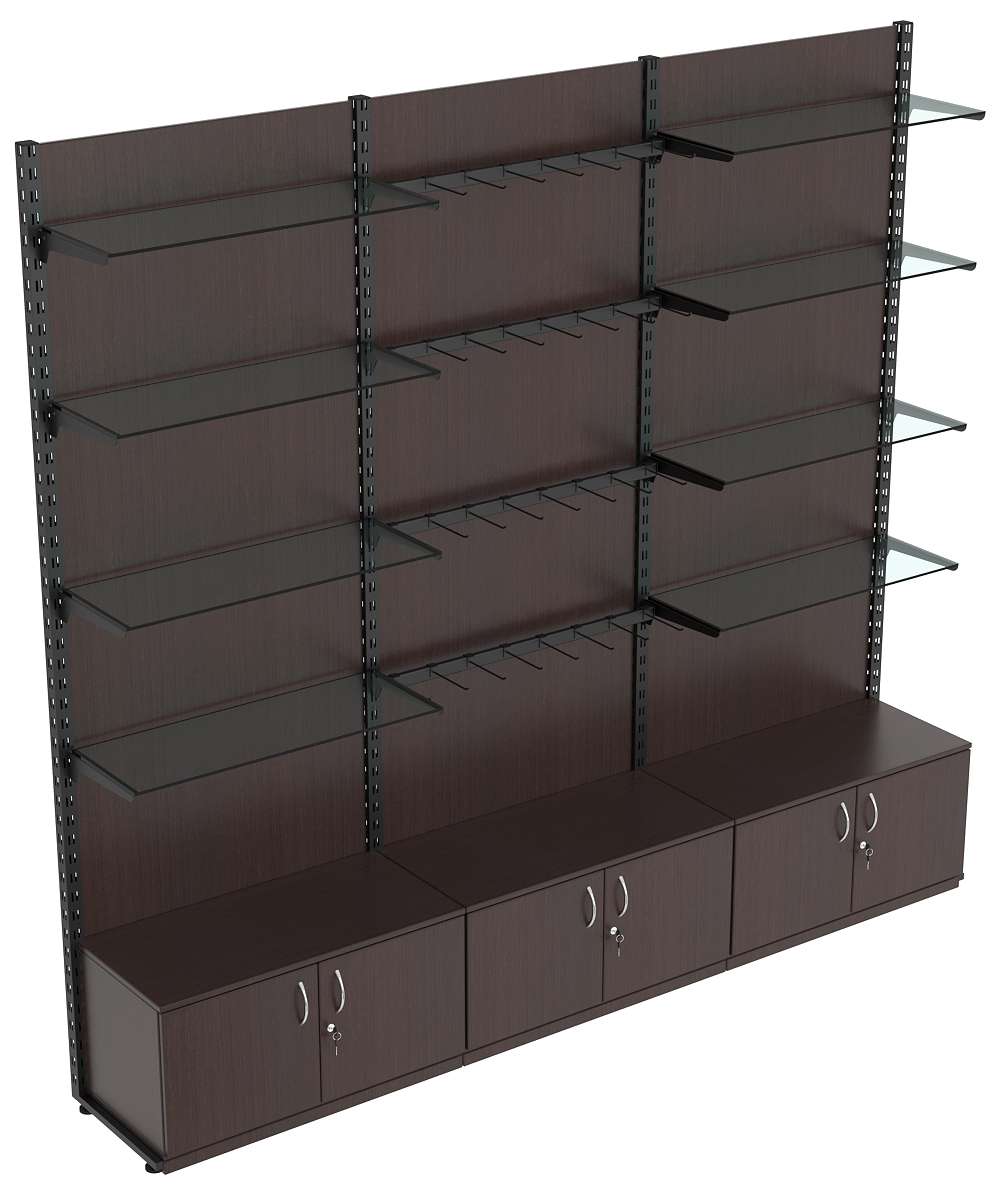 Пристенная система с 8-ю стекл полками для одежды и под крючки ЛОФТ №10-1-ЗС-H 2700мм Дуб Венге