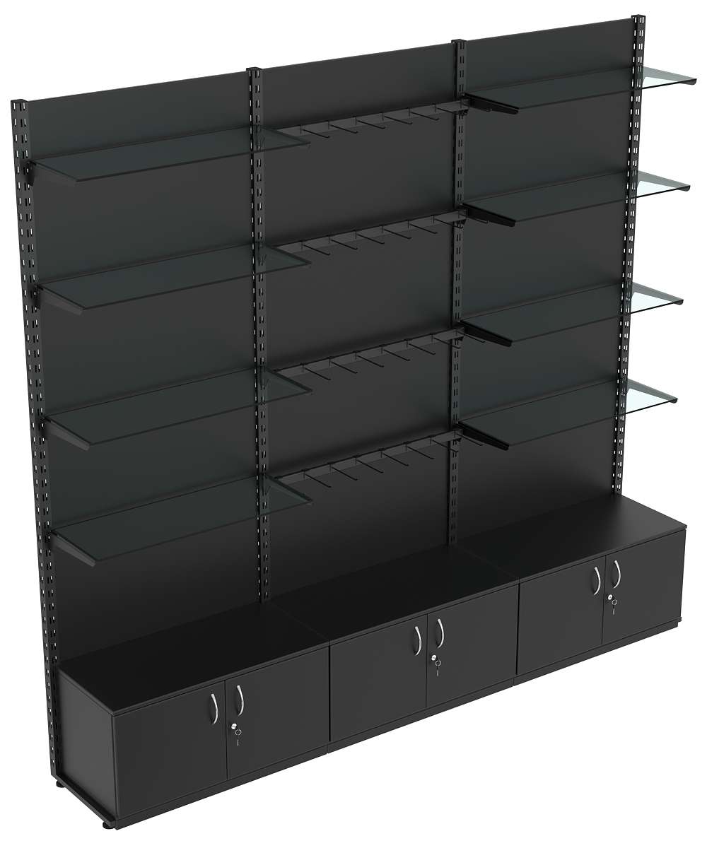 Пристенная система с 8-ю стекл полками для одежды и под крючки ЛОФТ №10-1-ЗС-H 2700мм Черный