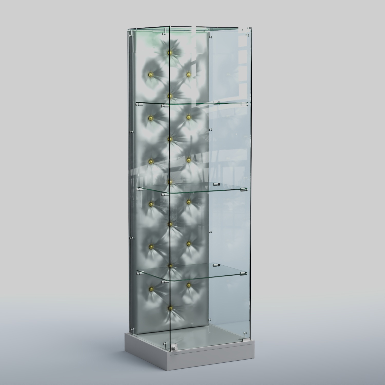 Низкая стеклянная витрина КАПИТОНЕ №1-ХП Серый + Экокожа серебристая