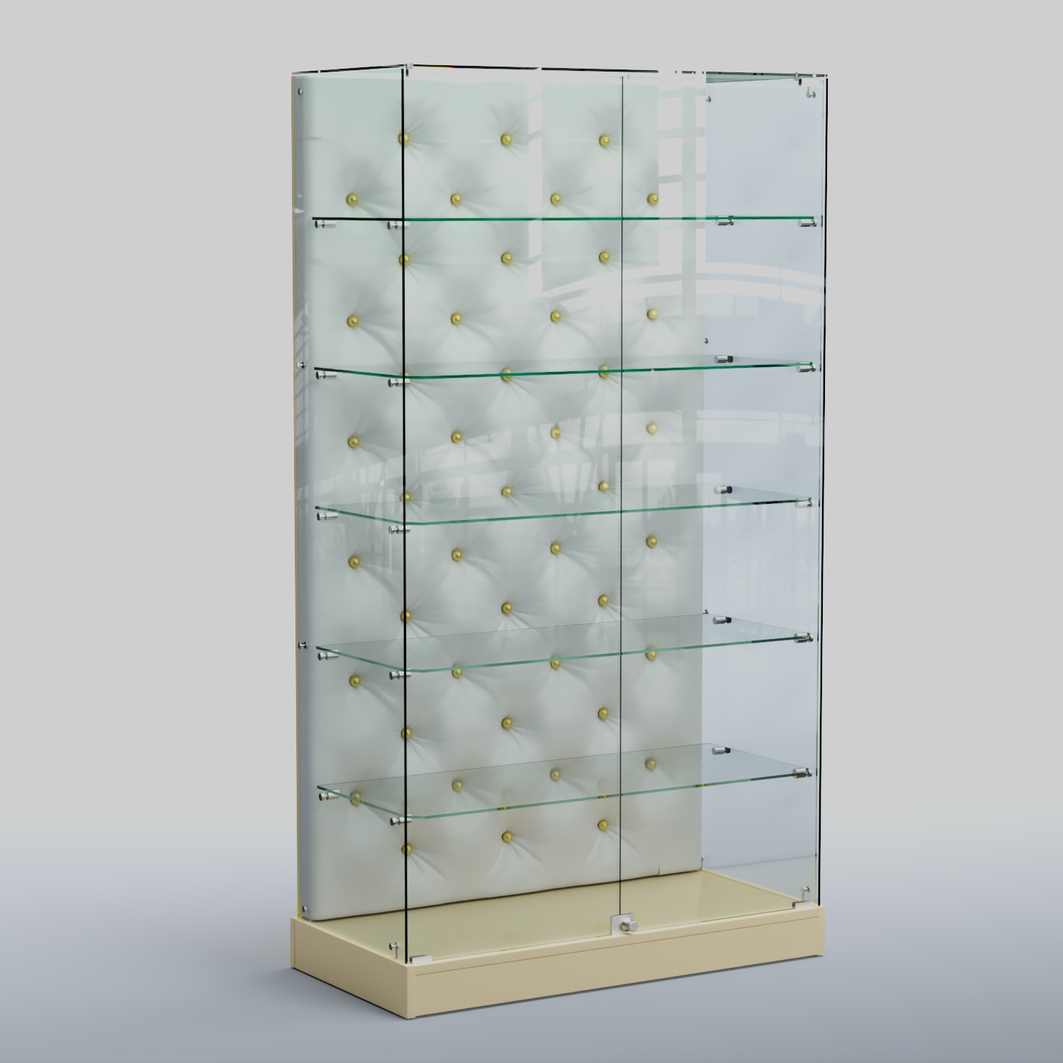 Низкая стеклянная витрина с КРЕМОВЫМ БАРХАТОМ ХП-505 (карета золото) Крем вайс + Экокожа белая