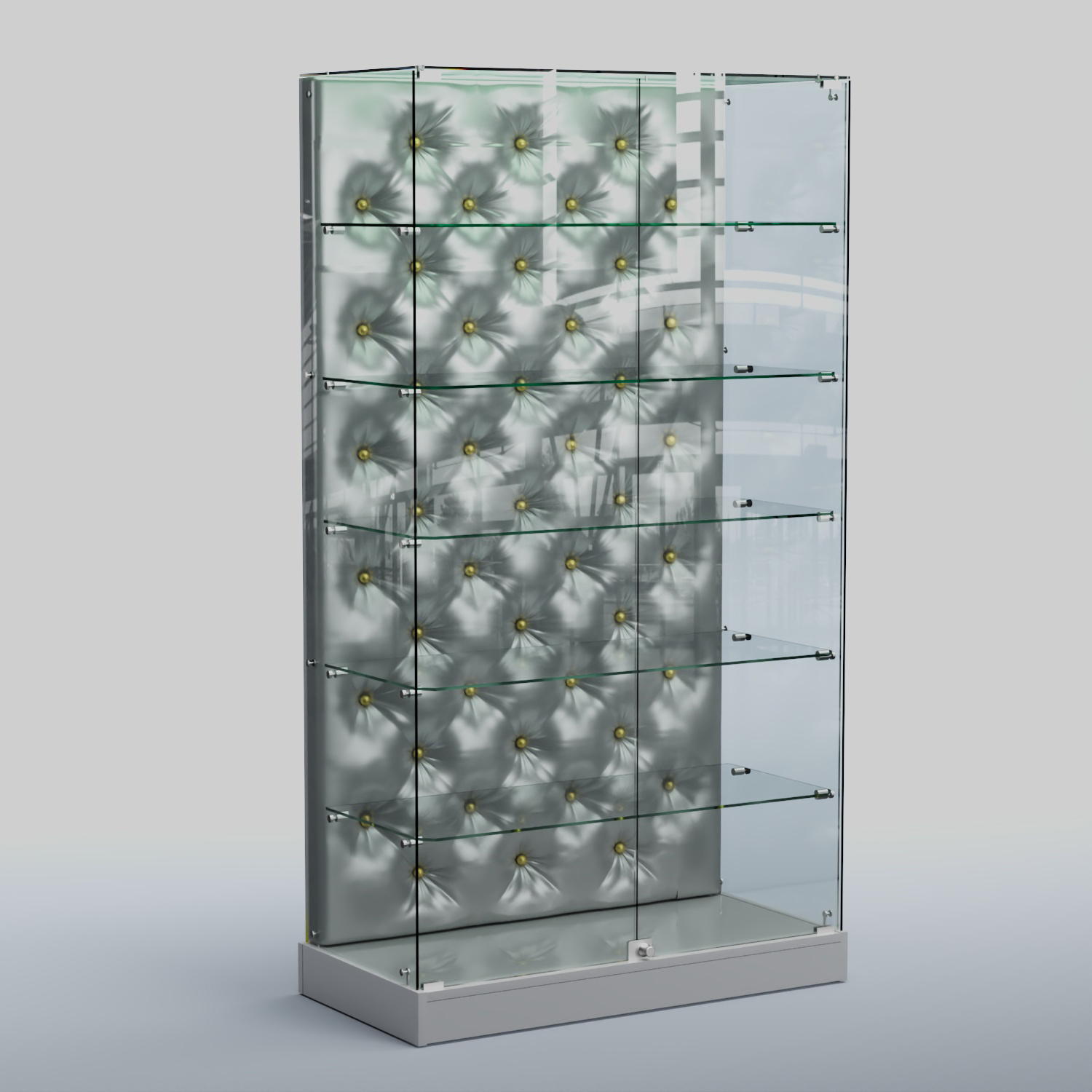 Низкая стеклянная витрина с КРЕМОВЫМ БАРХАТОМ ХП-505 (карета золото) Серый + Экокожа серебристая