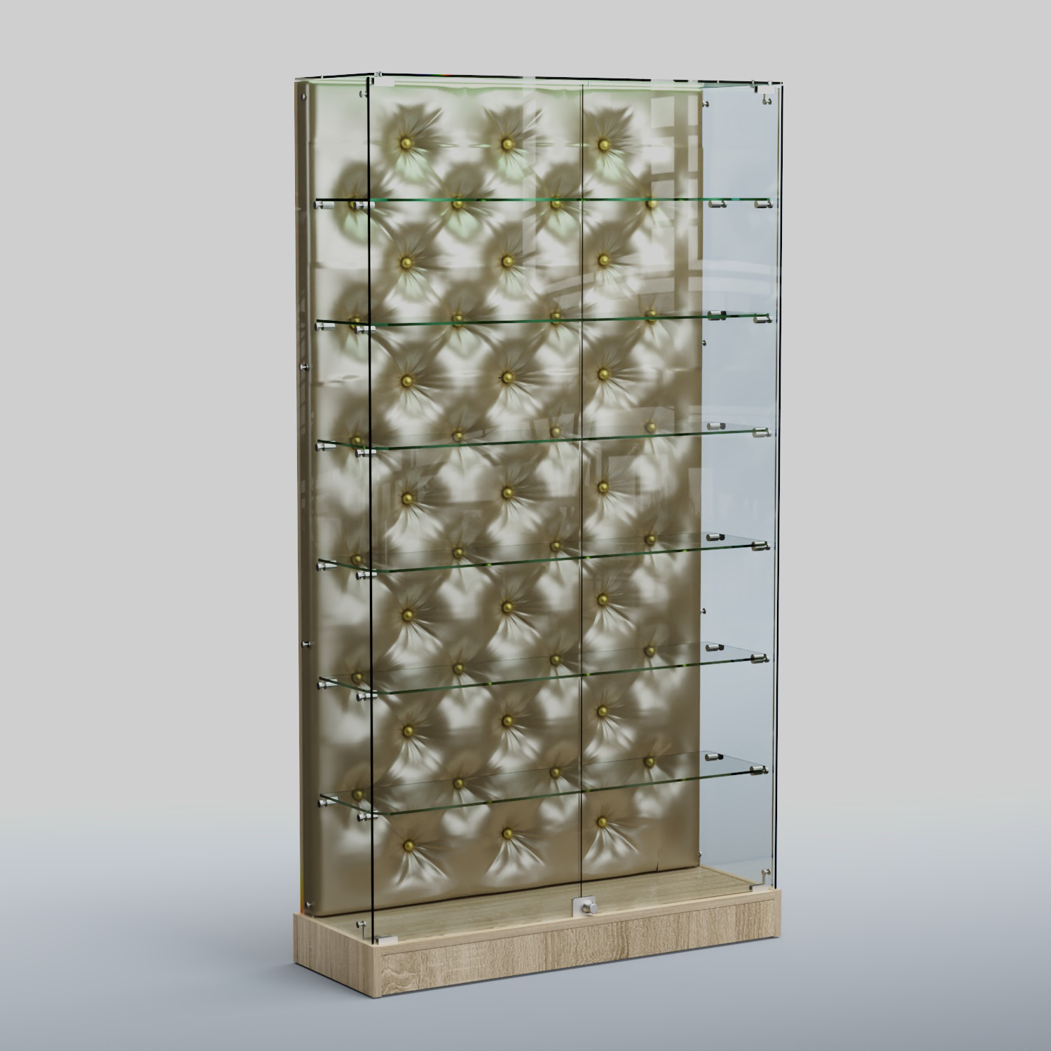 Низкая стеклянная витрина КАПИТОНЕ №9-ХП Дуб сонома + Экокожа золотистая