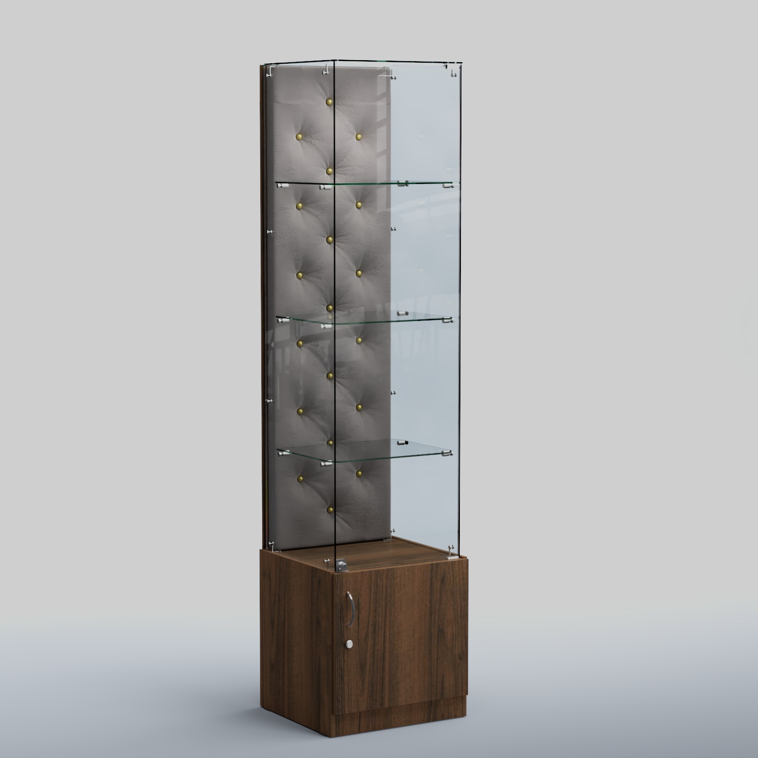 Высокая стеклянная витрина КАПИТОНЕ №6 Орех + Велюр 15 Silver