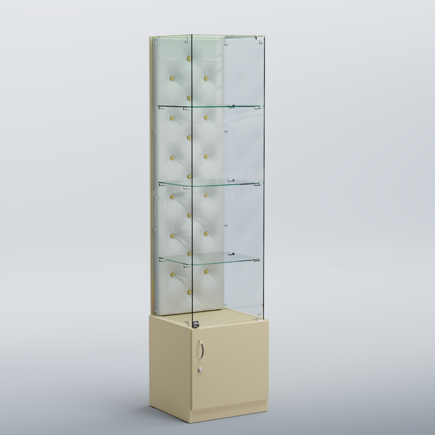Высокая стеклянная витрина КАПИТОНЕ №6 Крем вайс + Экокожа белая