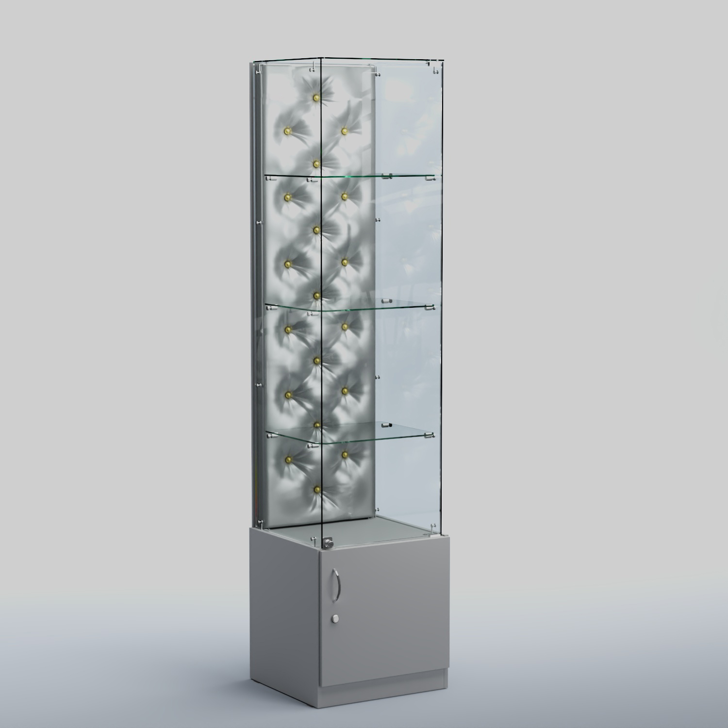 Высокая стеклянная витрина КАПИТОНЕ №6 Серый + Экокожа серебристая