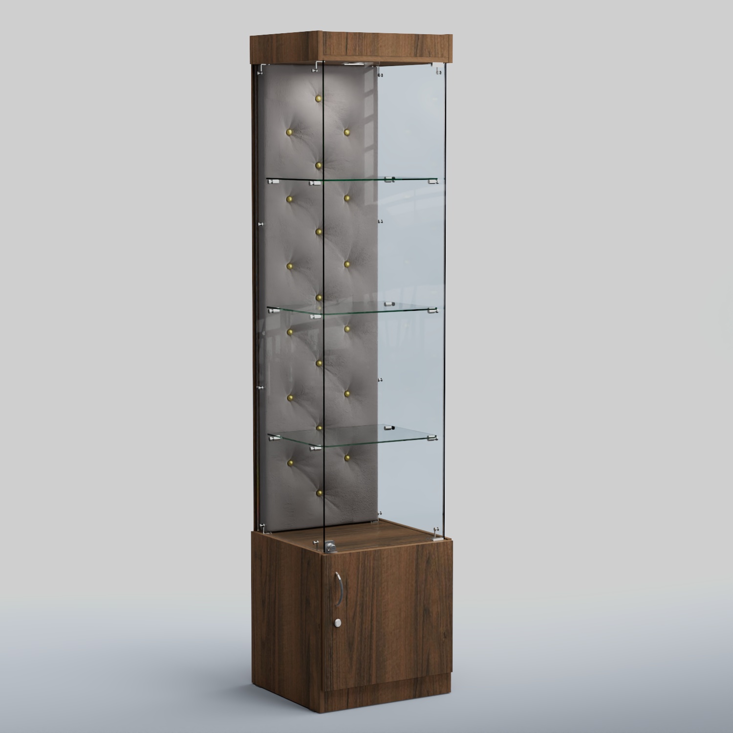 Высокая стеклянная витрина КАПИТОНЕ №2 Орех + Велюр 15 Silver