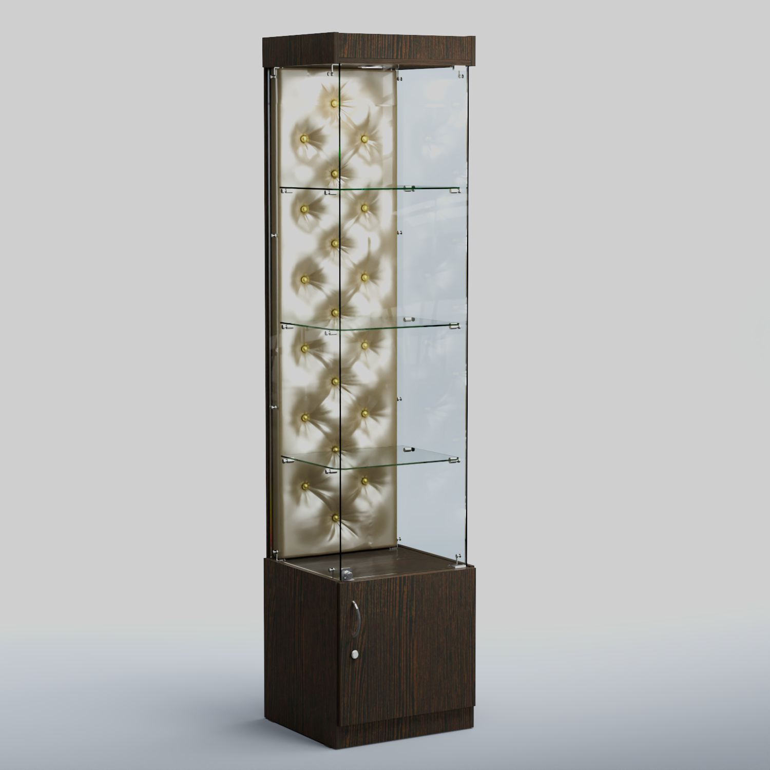 Высокая стеклянная витрина КАПИТОНЕ №2 Дуб Венге + Экокожа золотистая