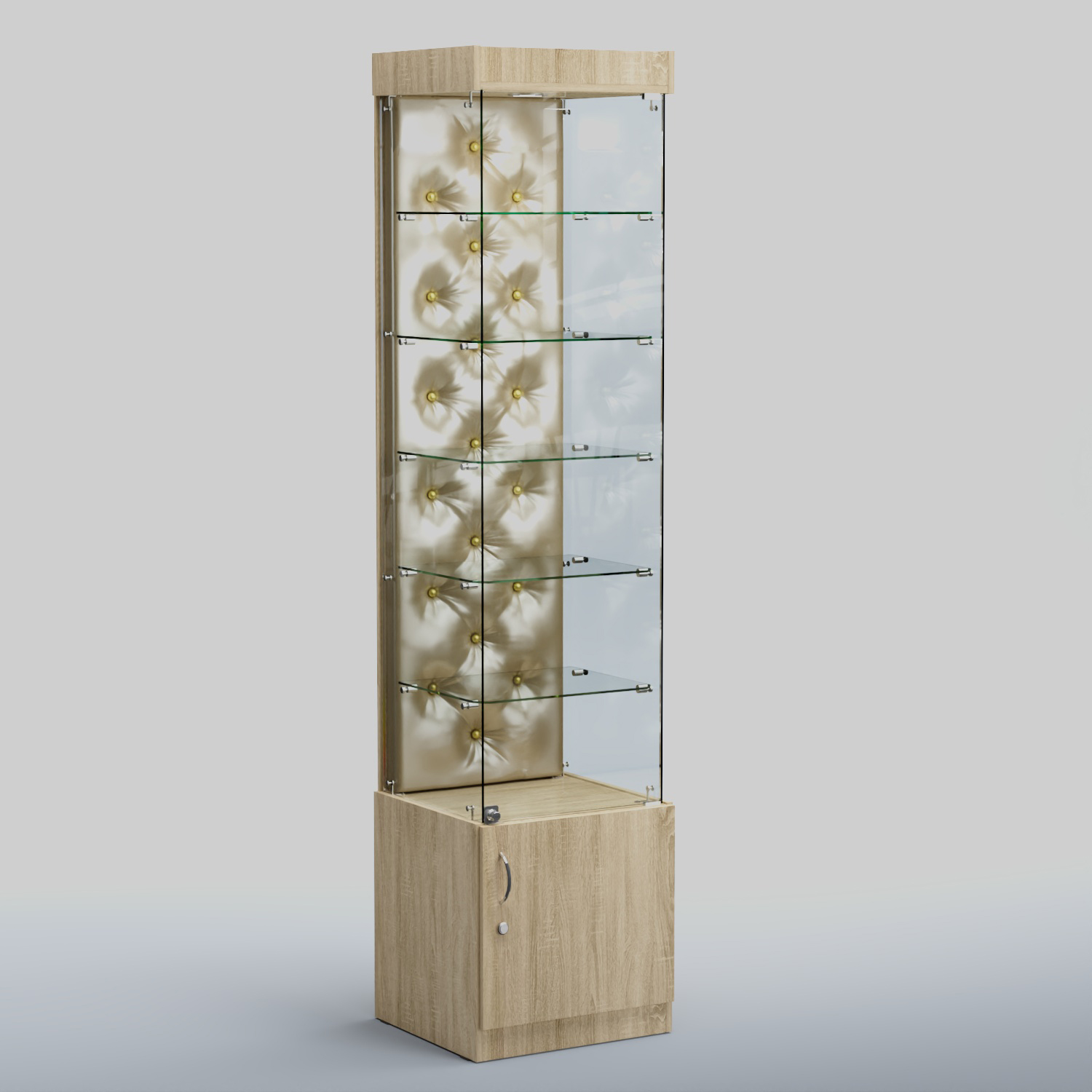 Высокая стеклянная витрина КАПИТОНЕ №502 Дуб сонома + Экокожа золотистая