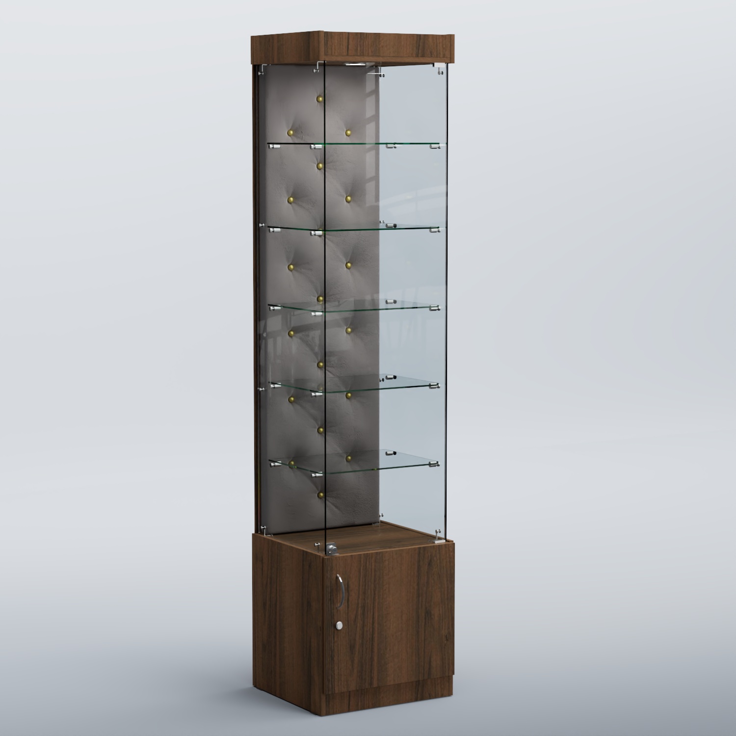 Высокая стеклянная витрина КАПИТОНЕ №502 Орех + Велюр 15 Silver