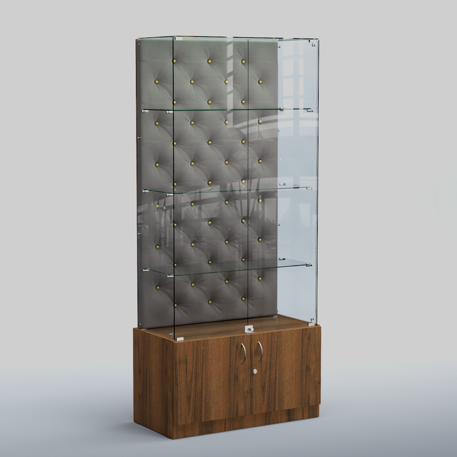 Высокая стеклянная витрина КАПИТОНЕ №5 Орех + Велюр 15 Silver