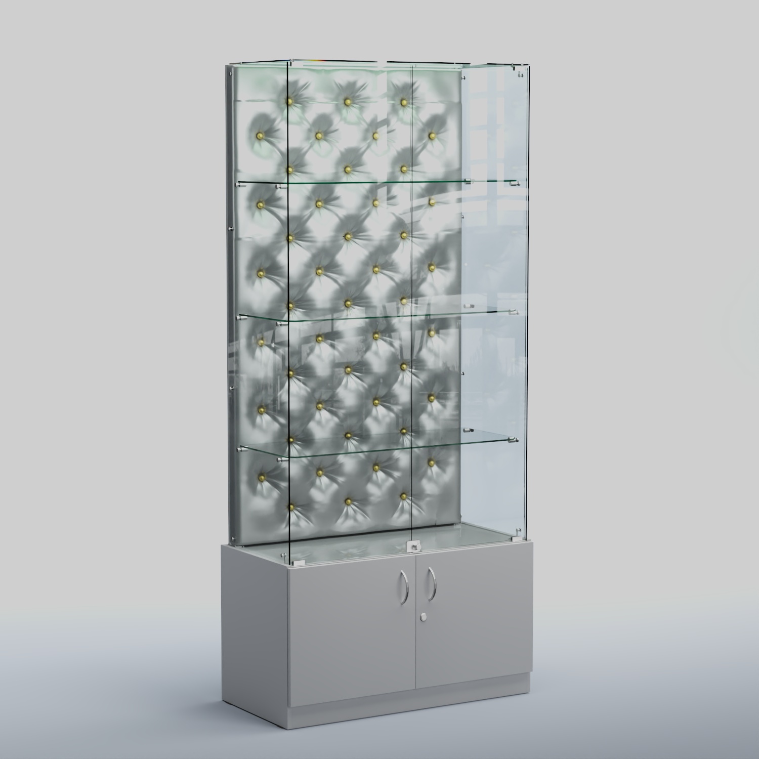 Высокая стеклянная витрина КАПИТОНЕ №5 Серый + Экокожа серебристая