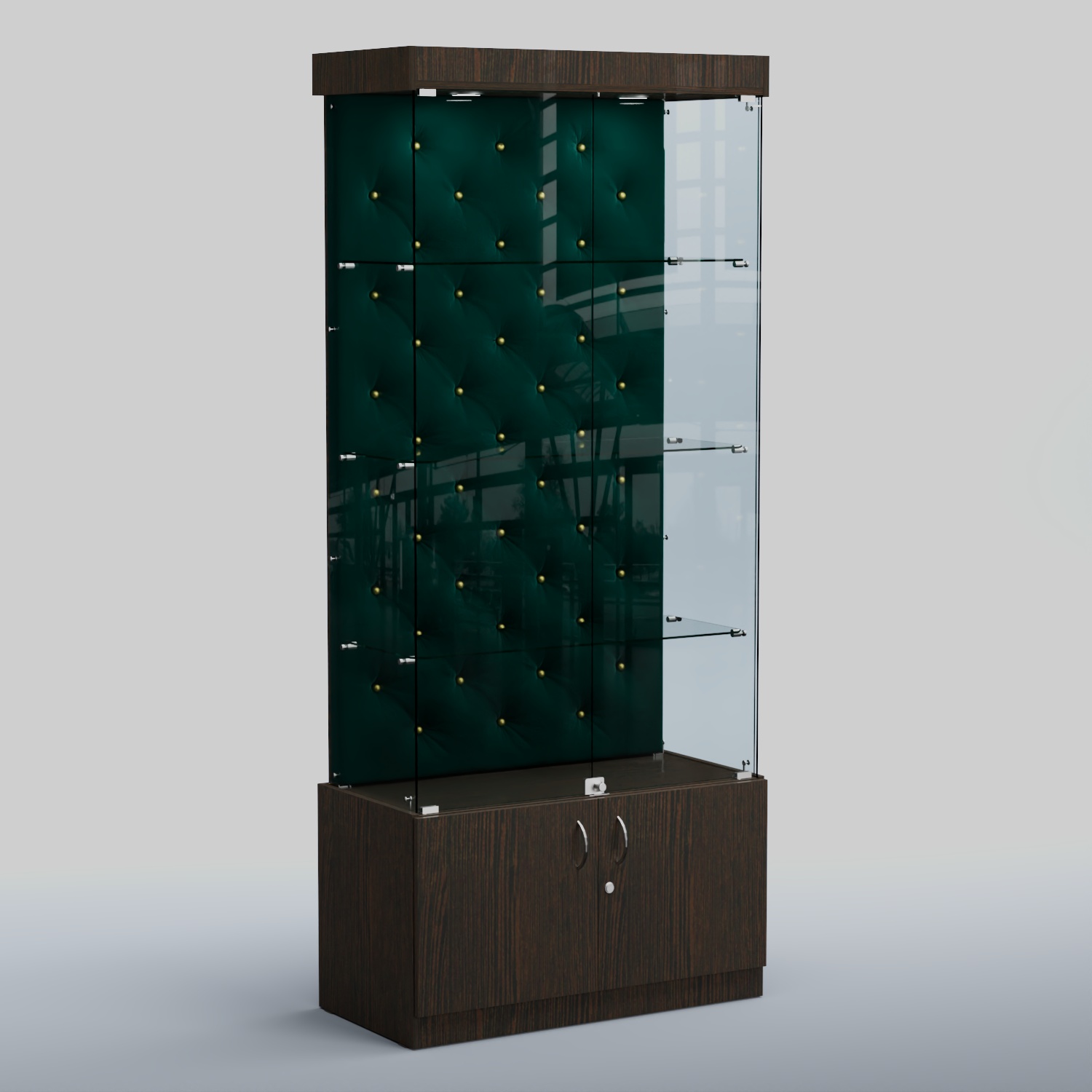 Высокая стеклянная витрина КАПИТОНЕ №1 Дуб Венге  + Велюр Tiffany 10 Dk. Green