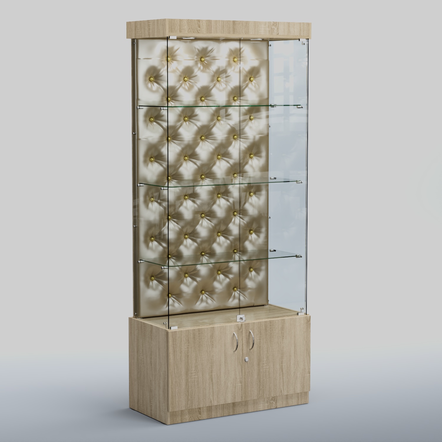 Высокая стеклянная витрина КАПИТОНЕ №1 Дуб сонома + Экокожа золотистая