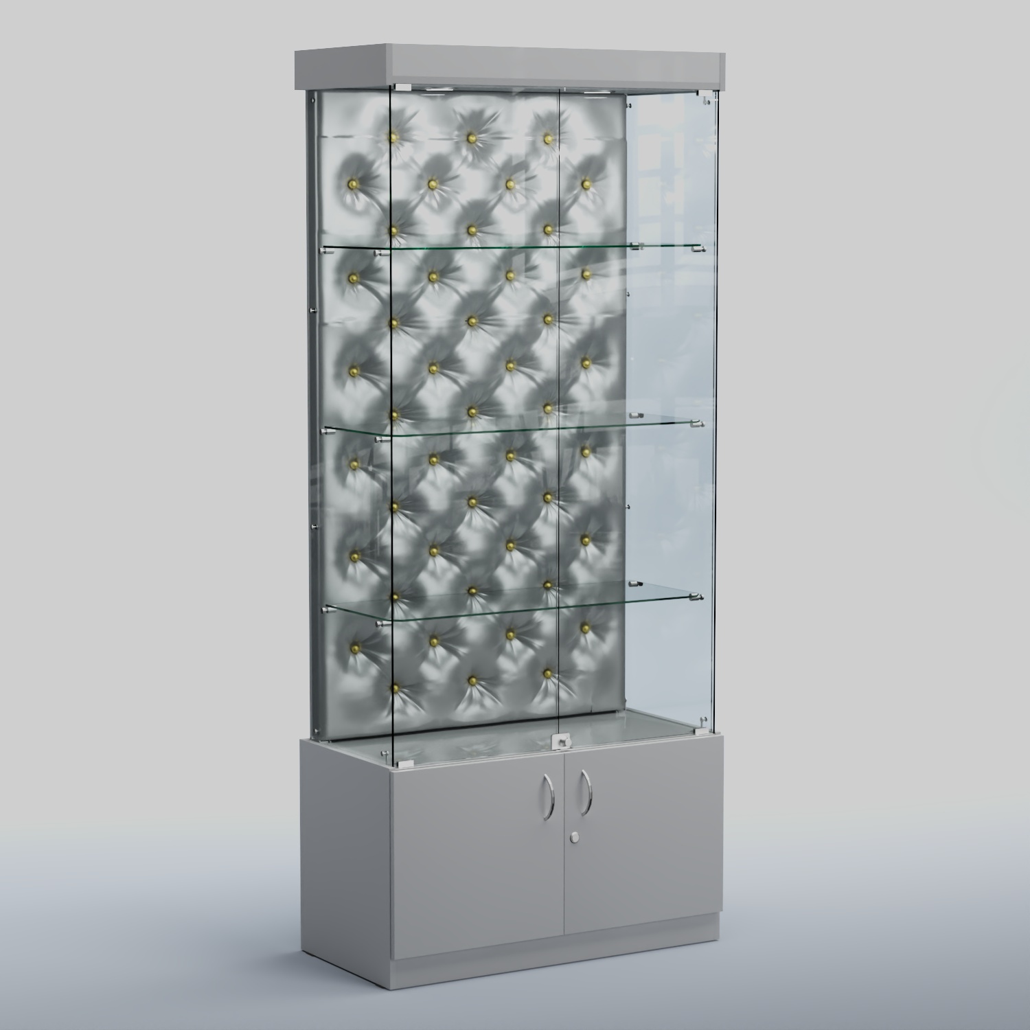 Высокая стеклянная витрина КАПИТОНЕ №1 Серый + Экокожа серебристая