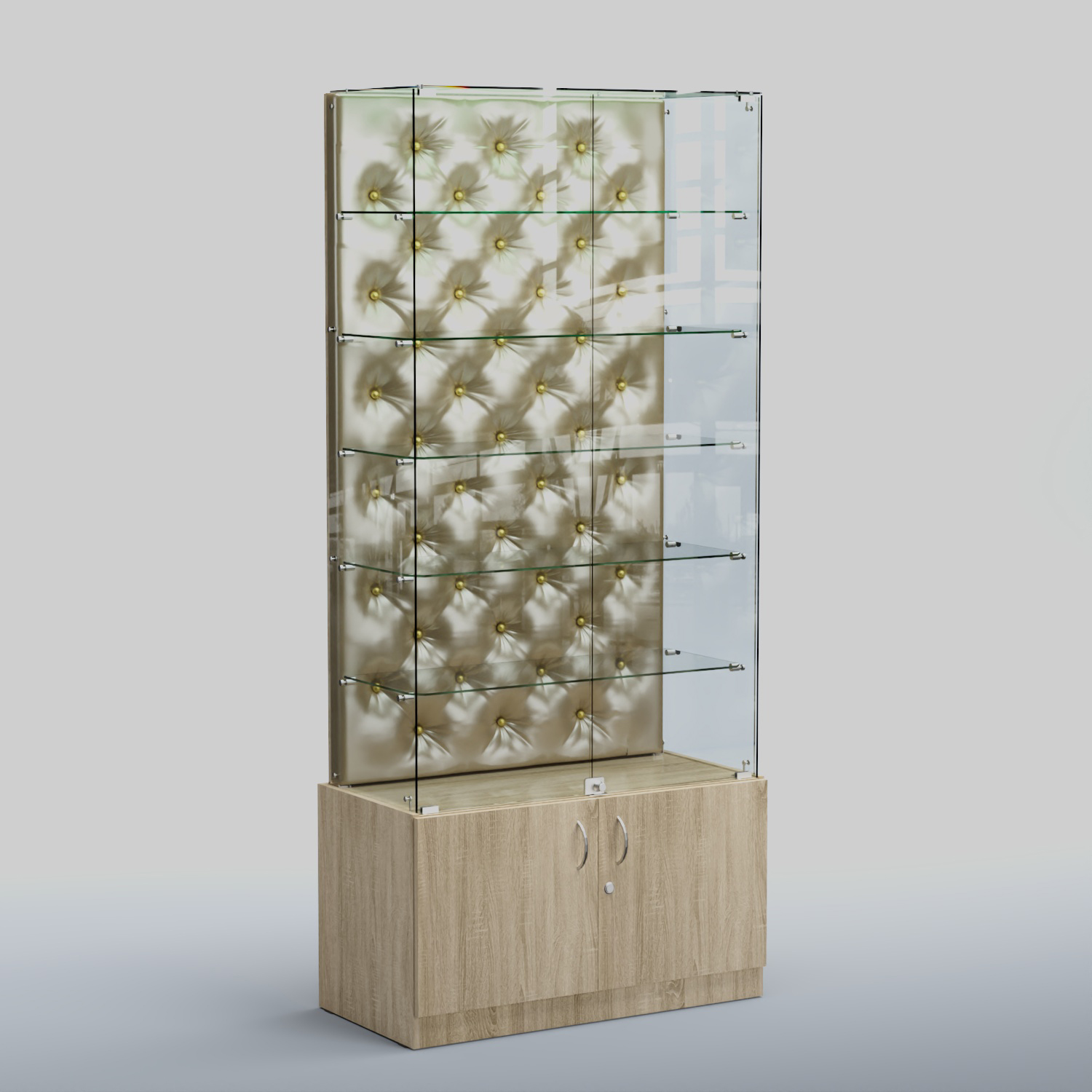 Высокая стеклянная витрина КАПИТОНЕ №505 Дуб сонома + Экокожа золотистая